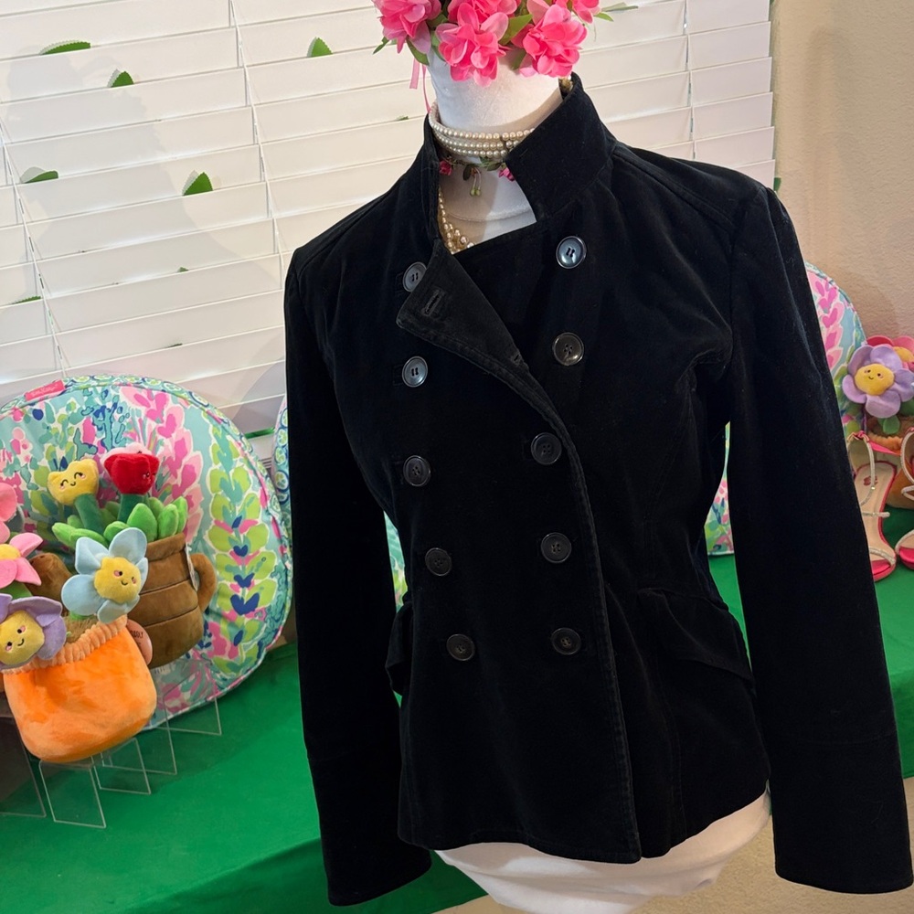 Boston Proper black velvet double breasted jacket